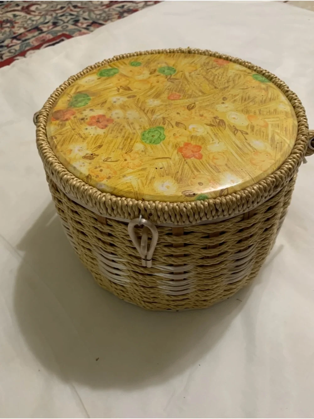 Vintage Round Woven Wicker Sewing Basket Box Japan Floral Quilted Cushion Lid